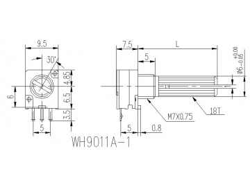 Поворотный потенциометр WН9011А (с металлическим нарезным валом, 9 мм)