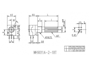 Поворотный потенциометр WH9011A-2-18T (с металлическим нарезным валом, 9 мм)