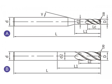 G-RN4  Твердосплавная концевая фреза для обработки графита G-RN4 (радиус на торце, 4 канавки, удлиненная канавка)