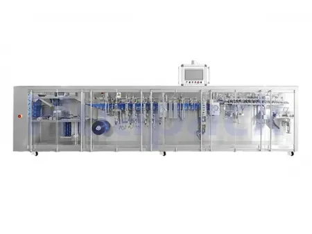 Горизонтальная фасовочно-упаковочная машина для формирования фигурных пауч-пакетов из рулона с четырьмя дозирующими головками