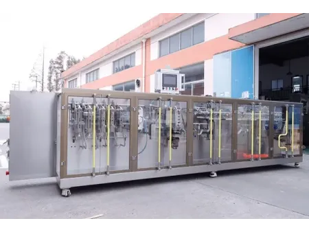 Горизонтальная фасовочно-упаковочная машина для пауч-пакетов со штуцером с одной дозирующей головкой (HFFS)